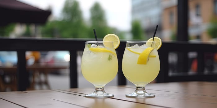 Two glasses with fresh cold lemonade with lemons on a table near swimming pool