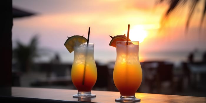 Close-up shot of a pair of tropical cocktails with a sunset in blurred the background