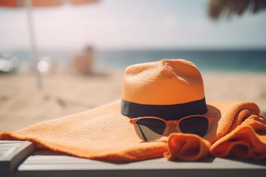 Close-up shot of a beach hat with a beach in blurred the background