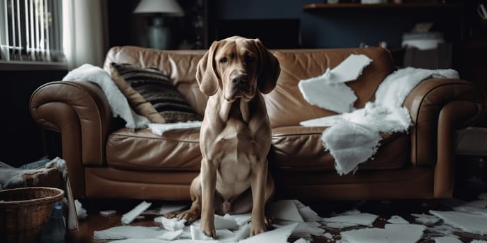 Weimaraner dog sitting near a torn coach in living room, got caught doing mess