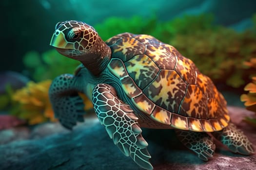 Vibrant Sea Turtle Swimming In Tropical Ocean