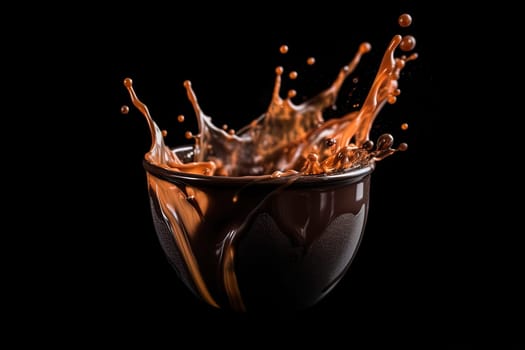 drop some splashes of coffee in a cup on a black background , generative AI