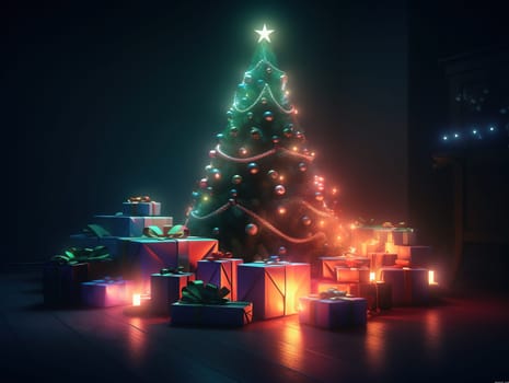Majestic New Year Pine Tree And Gift Boxes Illuminate Beautifully On Black Background