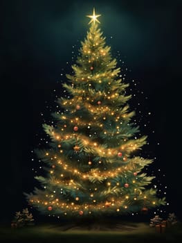 Amazing Decorated Big Christmas Tree Lighting Sparkles Against Black Background, Creating A Festive Atmosphere