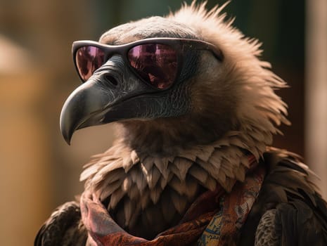 Close Up Portrait Of A Stylish vulture Bird With Sunglasses