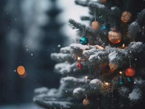 Decorated Branches Of A Christmas Tree Stand Outdoors In The Falling Snow