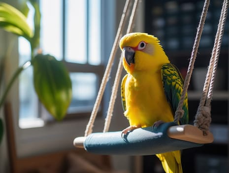 Adorable Yellow Parrot Swinging On A Tiny Swing In The Living Room