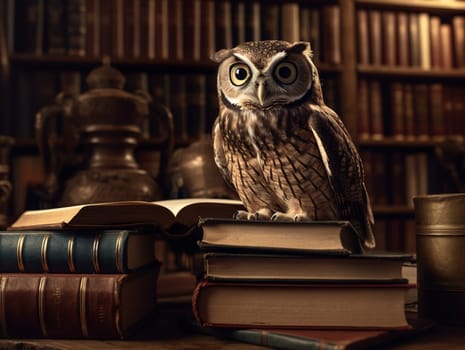 Intelligent Owl In A Library Surrounded By Books