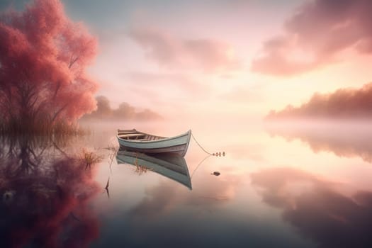 Stunning Morning View With A Fishing Boat Gently Resting On A Peaceful Pond'S Surface