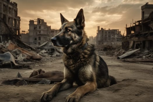 Solitary Dog In A Ruined Deserted City After An Apocalypse