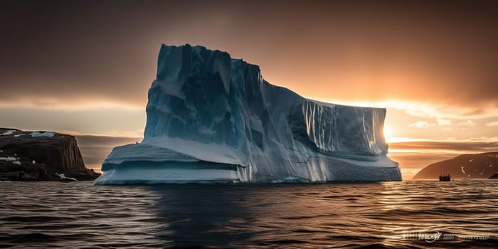 Iceberg Drifting On The Surface Of The Northern Ocean At Sunset