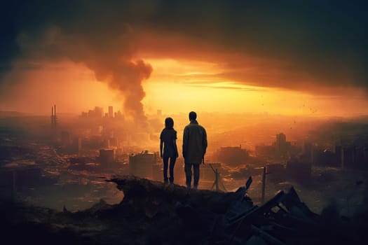 Silhouettes Of An Adult Male And Child Against A Burning City Ruined By An Explosion