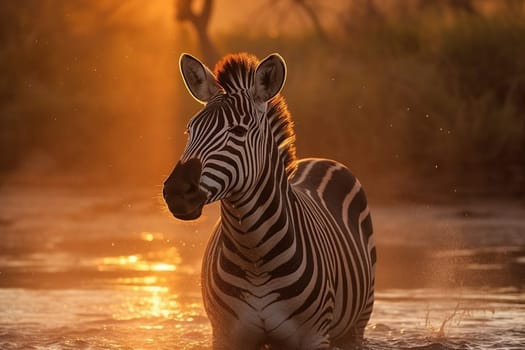 zebra splashes in the morning sun, creating water droplets