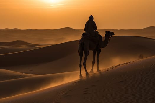 traveler rides a camel alone in the desert at sunset