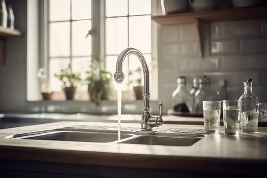 Morning in a calm kitchen, water softly flows from the faucet