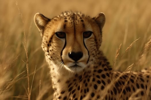 cheetah rests in tall grass after a long hunt