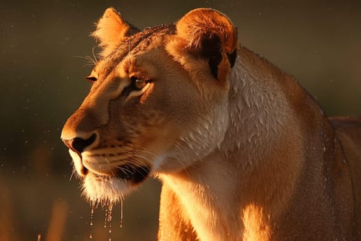 lioness shakes off morning dew from her fur early morning