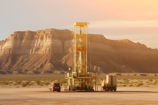 Oil rig in the desert with hills in the background