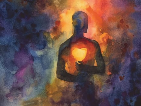 Man holding light in colorful watercolor painting surrounded by vibrant background, artistic travel beauty and business concept