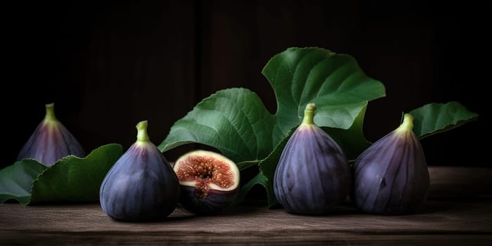 Bunch of fig fruits lie on the wooden table with leaves around