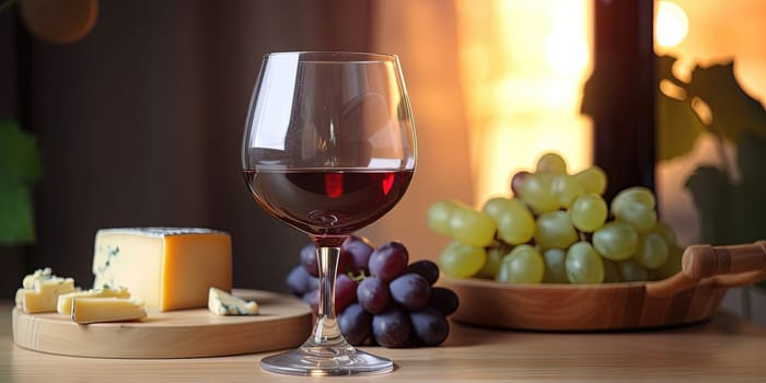 Cheese cubes, grapes and a glass of wine on a cutting board in the kitchen