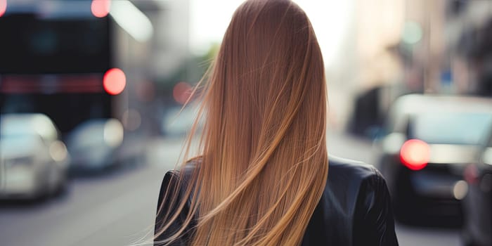 Young Girl With Long Brown Straight Hair On The Street, Back View, Modern Hairstyle