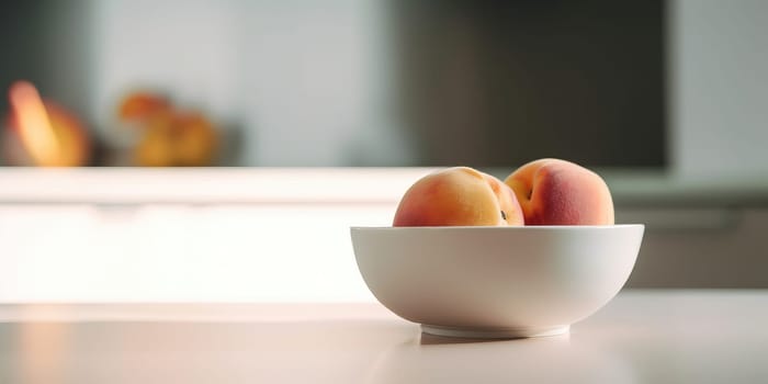 Peaches in a bowl on the table against the background of the kitchen