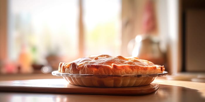 Fresh pie on the kitchen table with a blurred background