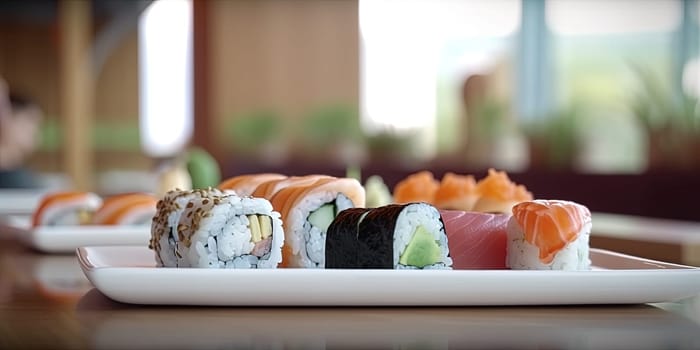 Sushi rolls on a plate in a kitchen or restaurant with a blurred background