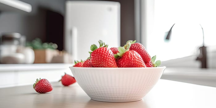 Strawberries in a bowl on the kitchen table with blurred background