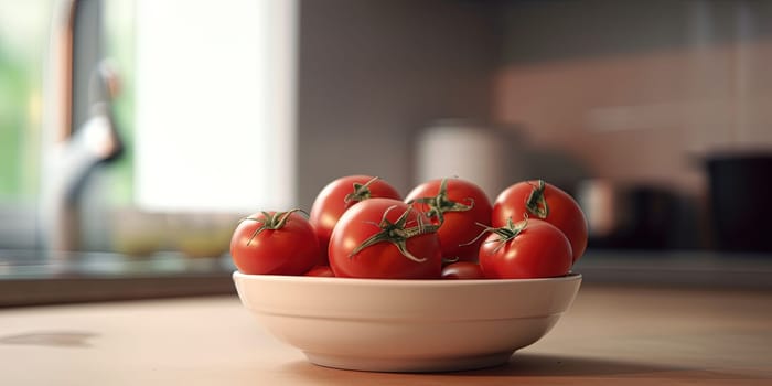 Tomatoes in a bowl on the kitchen table on a blurred background