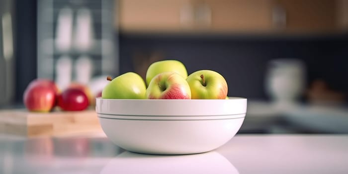 Apples in a bowl on the table against the background of the kitchen