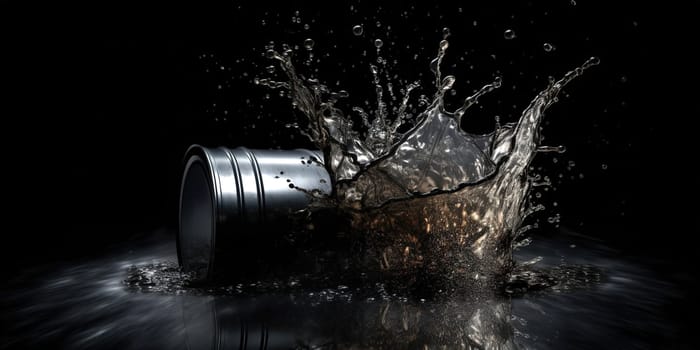 barrel of crude oil with oil splashes on a black background, generative AI