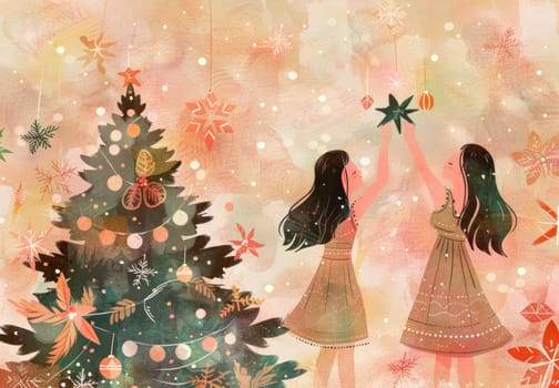 Christmas celebration two girls admiring a decorated tree in a snowy winter scene