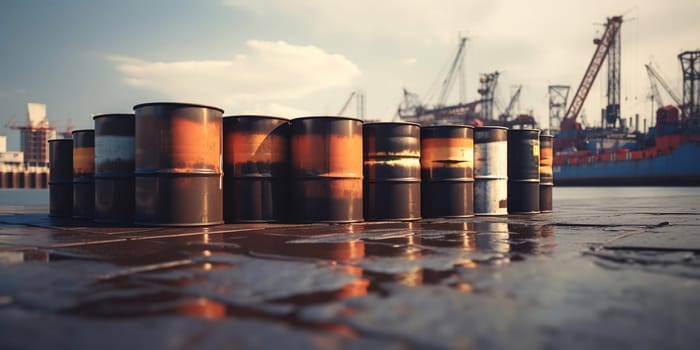 barrels of crude oil in a port, worldwide oil shipping by the sea, generative AI