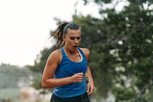 Rain or shine, a dedicated woman powers through her training run, her eyes set on the finish line.