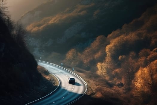 Lonely modern car on a winding Mountain Road through the autumn mountains