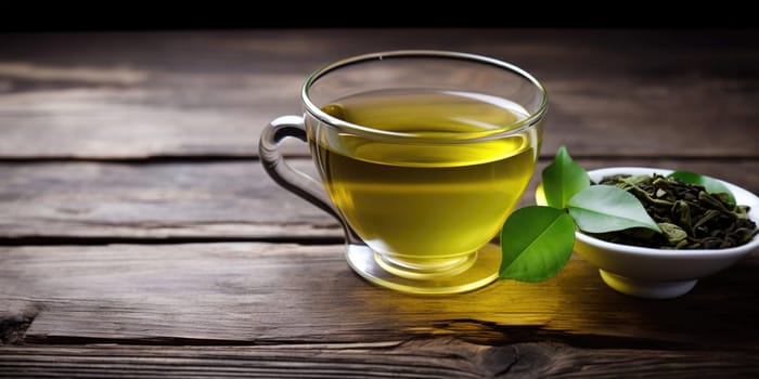 Fresh green tea in a glass cup on a wooden background