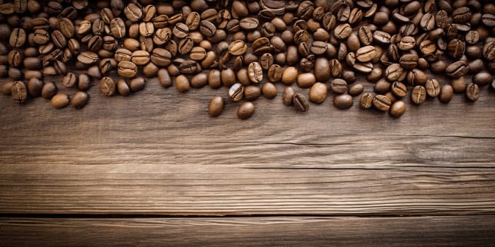Coffee beans background with wooden place for text