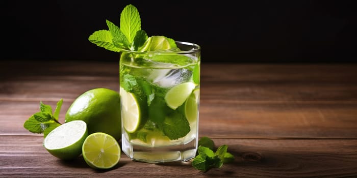 Mojito coktail in a glass with mint and lime on atable