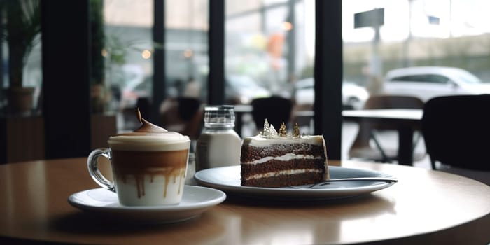 Cup with cappuccino and plate with tasty cake in a cafe