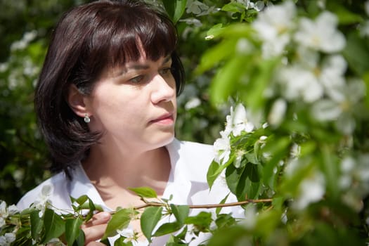 Girl walking, Relaxing near Blossoming apple Tree on Sunny Day. Portrait of Middle aged woman enjoying nature surrounded by white blossoms