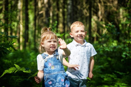 Smiling Siblings Exploring Sunny Forest Trail. A boy brother and a girl sister on nature walk. Ecology, love of nature