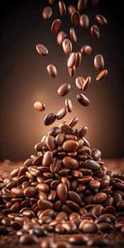 Chocolate dried beans falling from above onto a handful of beans. Isolated .Vertical banner for a promotion of Chocolate day. 3D efect.Side view.AI Generated