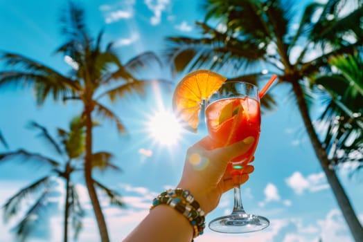 A hand holding a cocktail glass against a backdrop of palm trees on a sunny beach