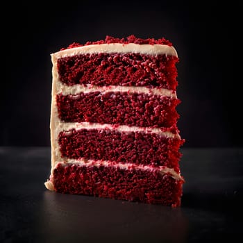 A slice of red velvet cake, a baked good, is delicately placed on a black rectangular dish at an event. Its magenta hue, smooth texture, and rich flavor make it a standout dessert choice