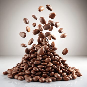 Floating chocolate beans for a promotion of healthy sweets. Light background