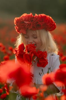 A young girl is standing in a field of red flowers, wearing a red flower crown. She is holding a red flower in her hand and she is enjoying the beauty of the flowers. Concept of innocence and wonder
