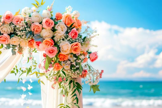 Floral backdrop for a seaside wedding ceremony - an arch decorated with delicate pastel roses and peonies in shades of peach, pink, white and lavender, against a backdrop of sky and ocean waves.