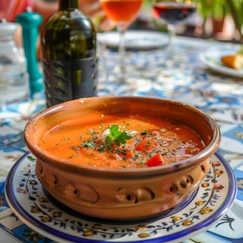 Spanish cold summer tomato soup gazpacho in a bowl with basil, on a white and blue tile surface. Healthy summer food.